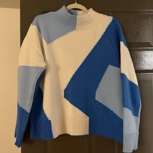 Vince Camuto Geometric Blue and Cream Turtleneck Sweater